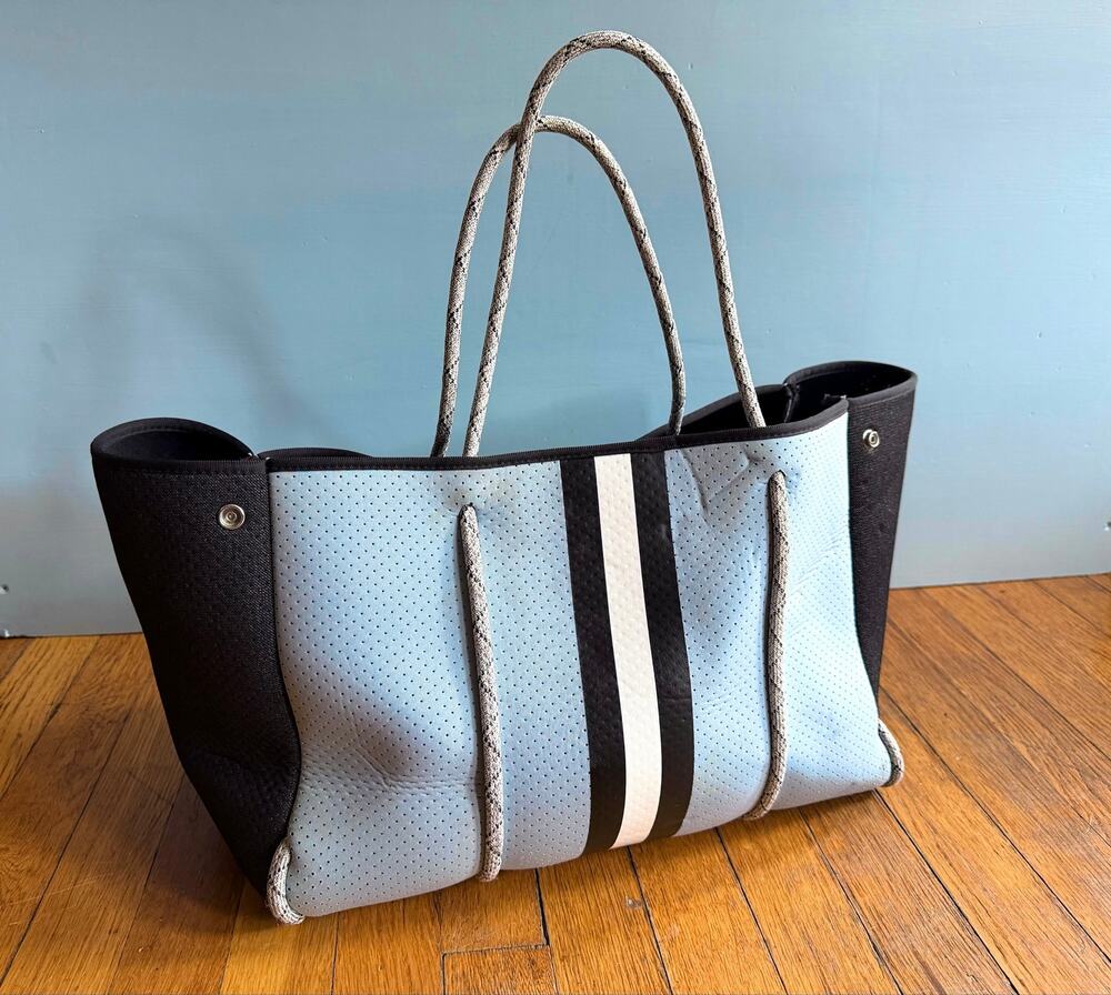HAUTE SHORE Blue/Black Neoprene Tote Bag sz Large